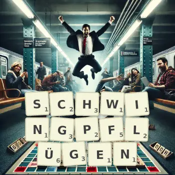 Kreative Illustration für ein Scrabble-Spiel, bei dem das Wort SCHWINGPFLÜGEN mit Steinen auf dem Brett gelegt wurde.