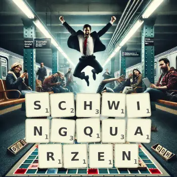 Kreative Illustration für ein Scrabble-Spiel, bei dem das Wort SCHWINGQUARZEN mit Steinen auf dem Brett gelegt wurde.