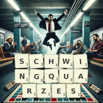 Kreative Illustration für ein Scrabble-Spiel, bei dem das Wort SCHWINGQUARZES mit Steinen auf dem Brett gelegt wurde.