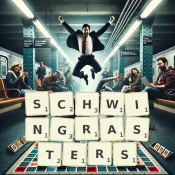 Kreative Illustration für ein Scrabble-Spiel, bei dem das Wort SCHWINGRASTERS mit Steinen auf dem Brett gelegt wurde.