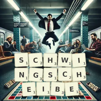Kreative Illustration für ein Scrabble-Spiel, bei dem das Wort SCHWINGSCHEIBE mit Steinen auf dem Brett gelegt wurde.