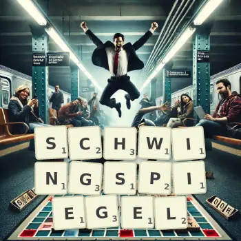 Kreative Illustration für ein Scrabble-Spiel, bei dem das Wort SCHWINGSPIEGEL mit Steinen auf dem Brett gelegt wurde.