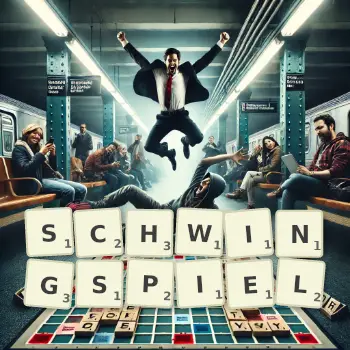 Kreative Illustration für ein Scrabble-Spiel, bei dem das Wort SCHWINGSPIEL mit Steinen auf dem Brett gelegt wurde.