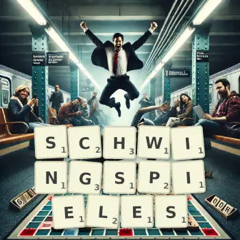 Kreative Illustration für ein Scrabble-Spiel, bei dem das Wort SCHWINGSPIELES mit Steinen auf dem Brett gelegt wurde.
