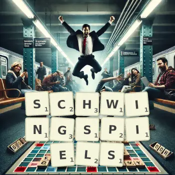 Kreative Illustration für ein Scrabble-Spiel, bei dem das Wort SCHWINGSPIELS mit Steinen auf dem Brett gelegt wurde.