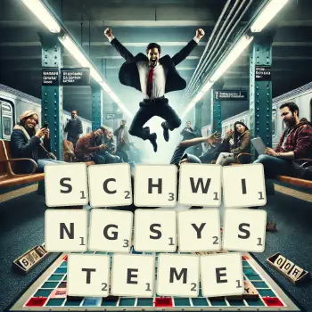 Kreative Illustration für ein Scrabble-Spiel, bei dem das Wort SCHWINGSYSTEME mit Steinen auf dem Brett gelegt wurde.
