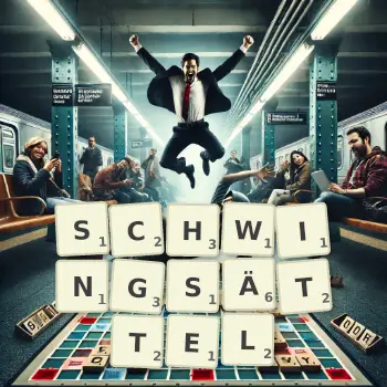 Kreative Illustration für ein Scrabble-Spiel, bei dem das Wort SCHWINGSÄTTEL mit Steinen auf dem Brett gelegt wurde.