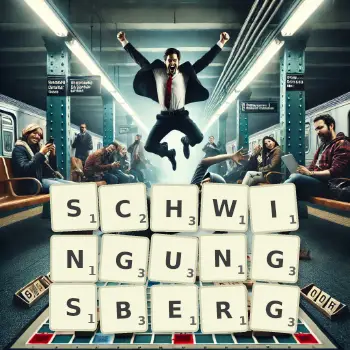Kreative Illustration für ein Scrabble-Spiel, bei dem das Wort SCHWINGUNGSBERG mit Steinen auf dem Brett gelegt wurde.
