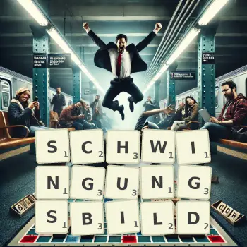 Kreative Illustration für ein Scrabble-Spiel, bei dem das Wort SCHWINGUNGSBILD mit Steinen auf dem Brett gelegt wurde.