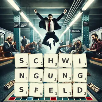 Kreative Illustration für ein Scrabble-Spiel, bei dem das Wort SCHWINGUNGSFELD mit Steinen auf dem Brett gelegt wurde.