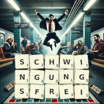 Kreative Illustration für ein Scrabble-Spiel, bei dem das Wort SCHWINGUNGSFREI mit Steinen auf dem Brett gelegt wurde.