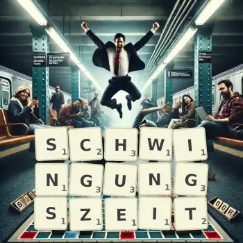 Kreative Illustration für ein Scrabble-Spiel, bei dem das Wort SCHWINGUNGSZEIT mit Steinen auf dem Brett gelegt wurde.
