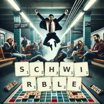 Kreative Illustration für ein Scrabble-Spiel, bei dem das Wort SCHWIRBLE mit Steinen auf dem Brett gelegt wurde.