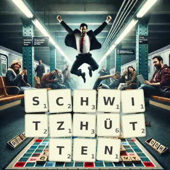 Kreative Illustration für ein Scrabble-Spiel, bei dem das Wort SCHWITZHÜTTEN mit Steinen auf dem Brett gelegt wurde.