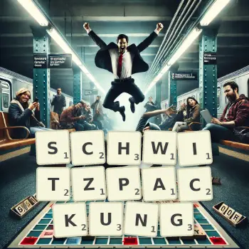 Kreative Illustration für ein Scrabble-Spiel, bei dem das Wort SCHWITZPACKUNG mit Steinen auf dem Brett gelegt wurde.