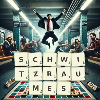 Kreative Illustration für ein Scrabble-Spiel, bei dem das Wort SCHWITZRAUMES mit Steinen auf dem Brett gelegt wurde.