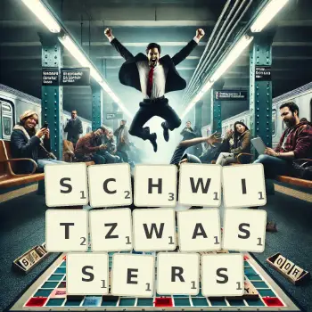 Kreative Illustration für ein Scrabble-Spiel, bei dem das Wort SCHWITZWASSERS mit Steinen auf dem Brett gelegt wurde.