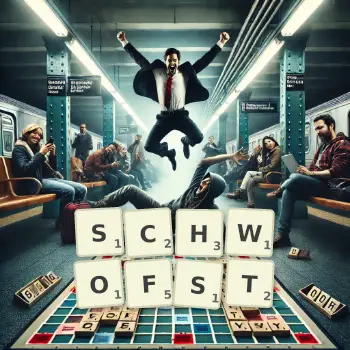 Kreative Illustration für ein Scrabble-Spiel, bei dem das Wort SCHWOFST mit Steinen auf dem Brett gelegt wurde.