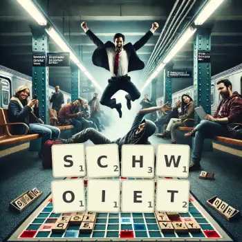 Kreative Illustration für ein Scrabble-Spiel, bei dem das Wort SCHWOIET mit Steinen auf dem Brett gelegt wurde.