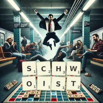 Kreative Illustration für ein Scrabble-Spiel, bei dem das Wort SCHWOIST mit Steinen auf dem Brett gelegt wurde.
