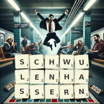 Kreative Illustration für ein Scrabble-Spiel, bei dem das Wort SCHWULENHASSERN mit Steinen auf dem Brett gelegt wurde.
