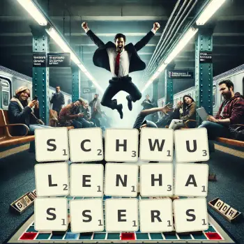 Kreative Illustration für ein Scrabble-Spiel, bei dem das Wort SCHWULENHASSERS mit Steinen auf dem Brett gelegt wurde.