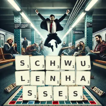 Kreative Illustration für ein Scrabble-Spiel, bei dem das Wort SCHWULENHASSES mit Steinen auf dem Brett gelegt wurde.
