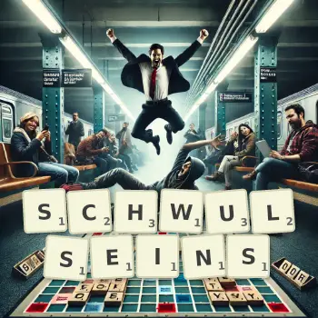 Kreative Illustration für ein Scrabble-Spiel, bei dem das Wort SCHWULSEINS mit Steinen auf dem Brett gelegt wurde.
