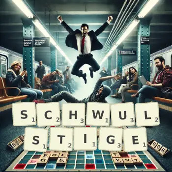 Kreative Illustration für ein Scrabble-Spiel, bei dem das Wort SCHWULSTIGE mit Steinen auf dem Brett gelegt wurde.