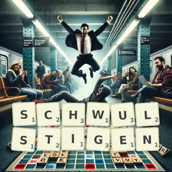 Kreative Illustration für ein Scrabble-Spiel, bei dem das Wort SCHWULSTIGEN mit Steinen auf dem Brett gelegt wurde.