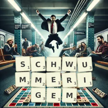 Kreative Illustration für ein Scrabble-Spiel, bei dem das Wort SCHWUMMERIGEM mit Steinen auf dem Brett gelegt wurde.