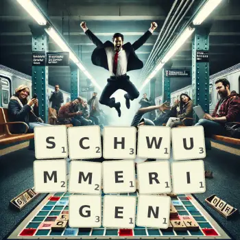 Kreative Illustration für ein Scrabble-Spiel, bei dem das Wort SCHWUMMERIGEN mit Steinen auf dem Brett gelegt wurde.