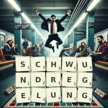 Kreative Illustration für ein Scrabble-Spiel, bei dem das Wort SCHWUNDREGELUNG mit Steinen auf dem Brett gelegt wurde.