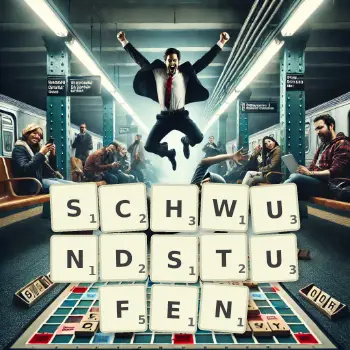 Kreative Illustration für ein Scrabble-Spiel, bei dem das Wort SCHWUNDSTUFEN mit Steinen auf dem Brett gelegt wurde.