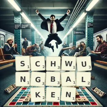 Kreative Illustration für ein Scrabble-Spiel, bei dem das Wort SCHWUNGBALKEN mit Steinen auf dem Brett gelegt wurde.