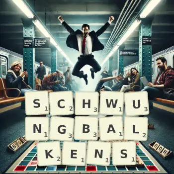 Kreative Illustration für ein Scrabble-Spiel, bei dem das Wort SCHWUNGBALKENS mit Steinen auf dem Brett gelegt wurde.