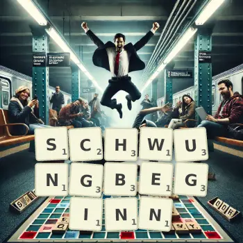 Kreative Illustration für ein Scrabble-Spiel, bei dem das Wort SCHWUNGBEGINN mit Steinen auf dem Brett gelegt wurde.