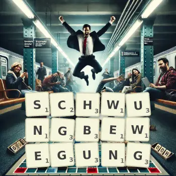 Kreative Illustration für ein Scrabble-Spiel, bei dem das Wort SCHWUNGBEWEGUNG mit Steinen auf dem Brett gelegt wurde.