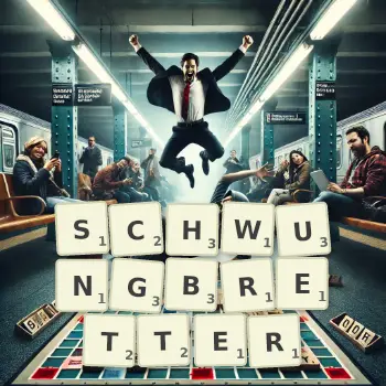 Kreative Illustration für ein Scrabble-Spiel, bei dem das Wort SCHWUNGBRETTER mit Steinen auf dem Brett gelegt wurde.