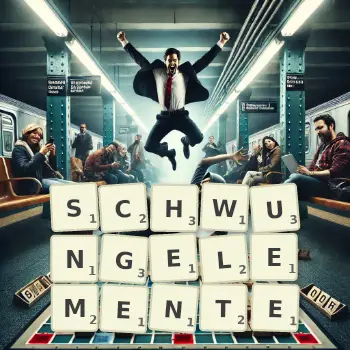 Kreative Illustration für ein Scrabble-Spiel, bei dem das Wort SCHWUNGELEMENTE mit Steinen auf dem Brett gelegt wurde.