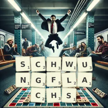 Kreative Illustration für ein Scrabble-Spiel, bei dem das Wort SCHWUNGFLACHS mit Steinen auf dem Brett gelegt wurde.