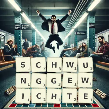 Kreative Illustration für ein Scrabble-Spiel, bei dem das Wort SCHWUNGGEWICHTE mit Steinen auf dem Brett gelegt wurde.