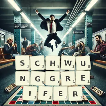 Kreative Illustration für ein Scrabble-Spiel, bei dem das Wort SCHWUNGGREIFER mit Steinen auf dem Brett gelegt wurde.