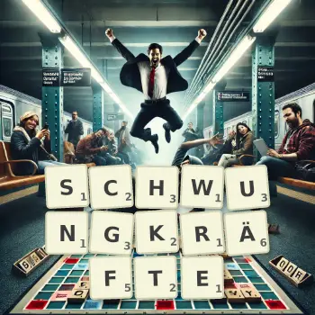 Kreative Illustration für ein Scrabble-Spiel, bei dem das Wort SCHWUNGKRÄFTE mit Steinen auf dem Brett gelegt wurde.