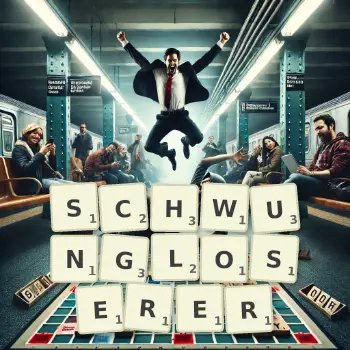 Kreative Illustration für ein Scrabble-Spiel, bei dem das Wort SCHWUNGLOSERER mit Steinen auf dem Brett gelegt wurde.