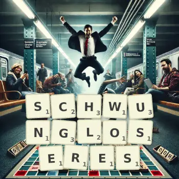 Kreative Illustration für ein Scrabble-Spiel, bei dem das Wort SCHWUNGLOSERES mit Steinen auf dem Brett gelegt wurde.