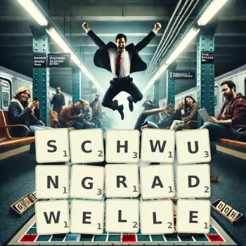 Kreative Illustration für ein Scrabble-Spiel, bei dem das Wort SCHWUNGRADWELLE mit Steinen auf dem Brett gelegt wurde.