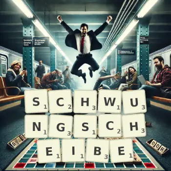 Kreative Illustration für ein Scrabble-Spiel, bei dem das Wort SCHWUNGSCHEIBE mit Steinen auf dem Brett gelegt wurde.
