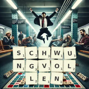 Kreative Illustration für ein Scrabble-Spiel, bei dem das Wort SCHWUNGVOLLEN mit Steinen auf dem Brett gelegt wurde.