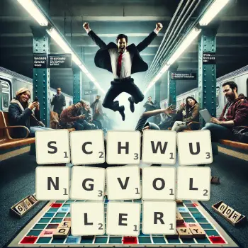 Kreative Illustration für ein Scrabble-Spiel, bei dem das Wort SCHWUNGVOLLER mit Steinen auf dem Brett gelegt wurde.